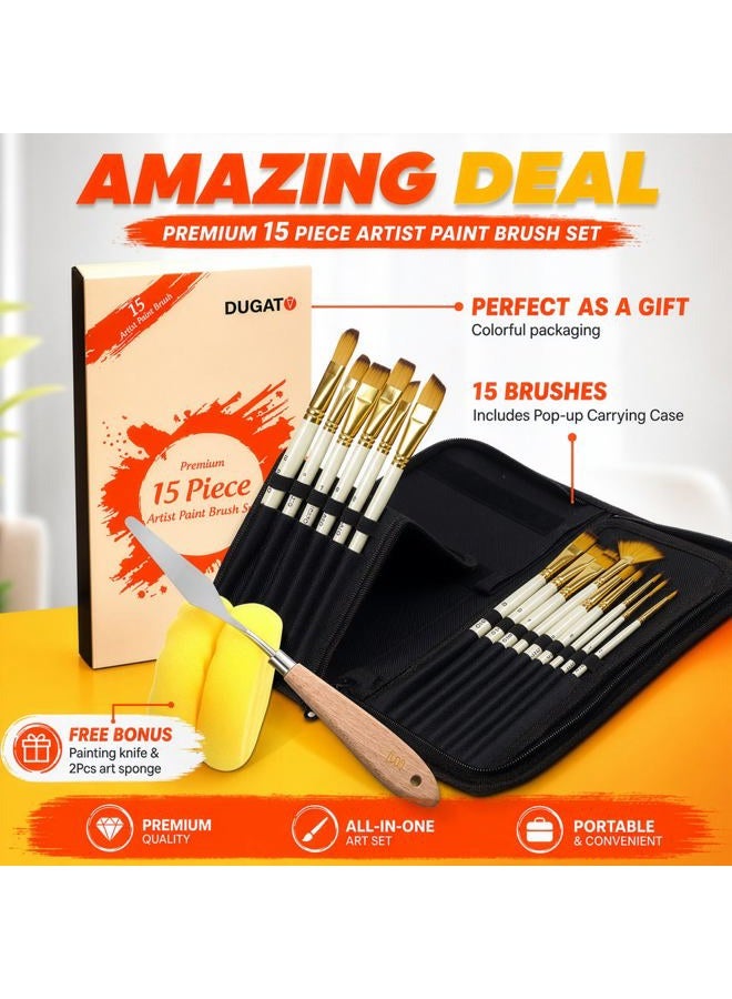 DUGATO Artist Paint Brush Set 15pcs Includes Pop-up Carrying Case with Painting Knife and 2 Sponges for Acrylic, Oil, Watercolor, Art, Scale Model, Face, Paint by Numbers - Image 1