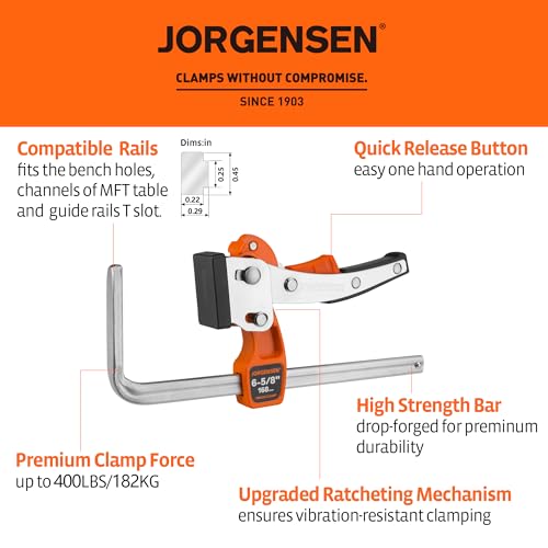 Jorgensen 6-5/8" Ratcheting Table Clamps, Quick Release Track Saw Clamps, Guide Rail Clamp for MFT Table and Guide Rail System, 2-7/8" Throat Depth, 400lbs Load Limit, 2 Pack - Image 2