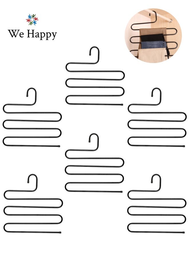 We Happy S Shape Clothes Hanger, 5 layers Pants Ties Multipurpose Stainless Steel Storage Space Saving Organizer, Black (Pack of 6) - Image 1