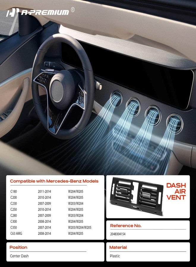 أ-بريميوم فتحة تهوية مكيف الهواء المركزي A-Premium للوحة القيادة، متوافقة مع سيارات مرسيدس بنز C180 (2011-2014)، C200/C250 (2010-2014)، C230/C280 (2007-2009)، C300/C63 AMG (2008-2014)، C350 (2007-2014)، لوحة القيادة المركزية - Image 2