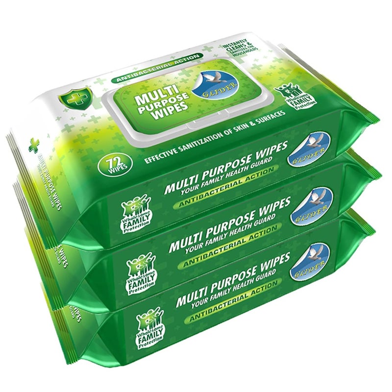 GLIDER Multipurpose Skin and Surface Wipes with Flip-Top | Gentle & Effective Cleaning for Hands & Surfaces | (Pack of 3 – 216 Wipes) - Image 1
