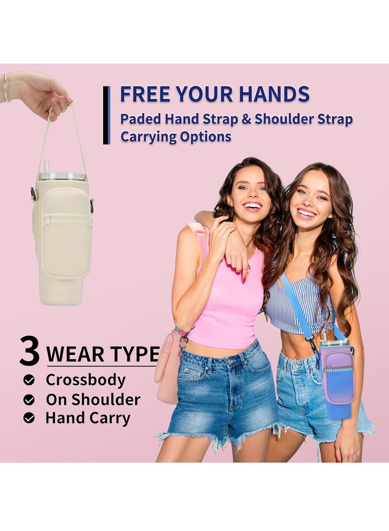 Arabest Water Bottle Carrier Bag Cup Holder Carrier Bag with Strap and Pouch for 40oz Tumbler Cup for Hiking Travelling Camping(Beige)  - Image 3