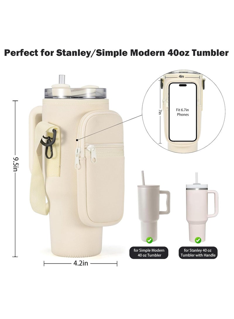 Arabest Water Bottle Carrier Bag Cup Holder Carrier Bag with Strap and Pouch for 40oz Tumbler Cup for Hiking Travelling Camping(Beige)  - Image 5