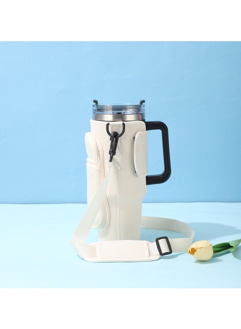 Arabest Water Bottle Carrier Bag Cup Holder Carrier Bag with Strap and Pouch for 40oz Tumbler Cup for Hiking Travelling Camping(Beige)  - Image 1
