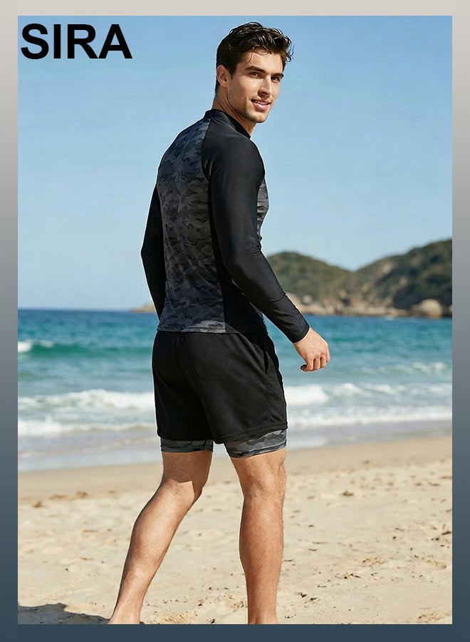 SIRA Men’s 2 Piece Swim Set Long Sleeve Rash Guard + Double Layer Swim Trunks Anti Chafing Quick Dry UPF Sun Protection Breathable Elastic Waist for Swimming Pool Beach Water Park Surf Training - Image 1
