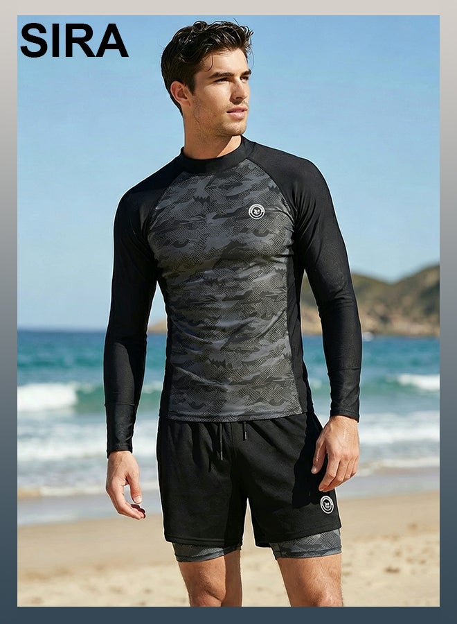 SIRA Men’s 2 Piece Swim Set Long Sleeve Rash Guard + Double Layer Swim Trunks Anti Chafing Quick Dry UPF Sun Protection Breathable Elastic Waist for Swimming Pool Beach Water Park Surf Training - Image 2