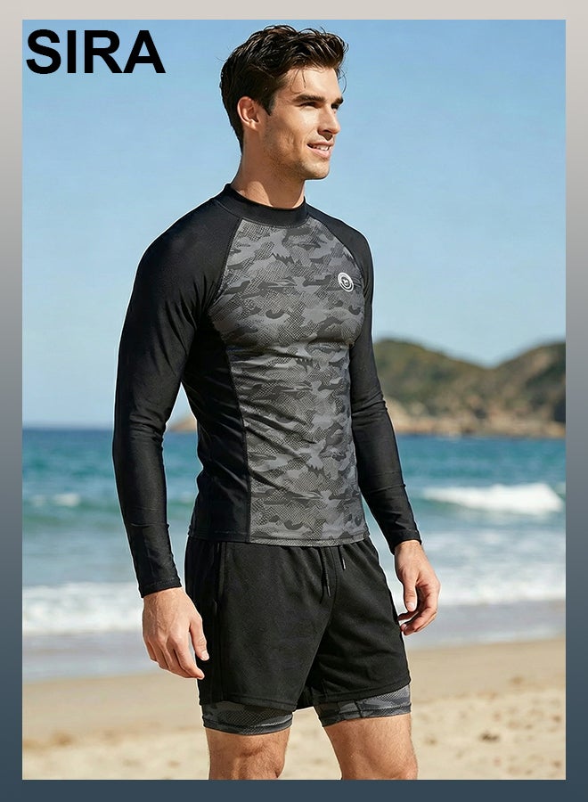 SIRA Men’s 2 Piece Swim Set Long Sleeve Rash Guard + Double Layer Swim Trunks Anti Chafing Quick Dry UPF Sun Protection Breathable Elastic Waist for Swimming Pool Beach Water Park Surf Training - Image 3