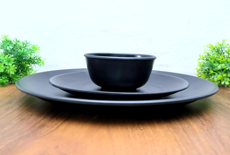 Amar Industries Elegant Unabreakable Melamine Dinner Set Matte Black Spiral Design Full Plates Half Plates with Bowl Serve 1 Set of 3 - Image 3