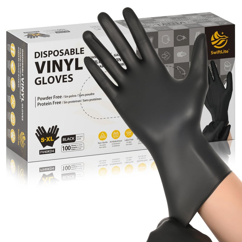 SWIFTLITE Black Vinyl Gloves Food Grade Gloves Disposable Latex Free Powder Free Guantes for Cleaning Cooking Food Prep 100 Small