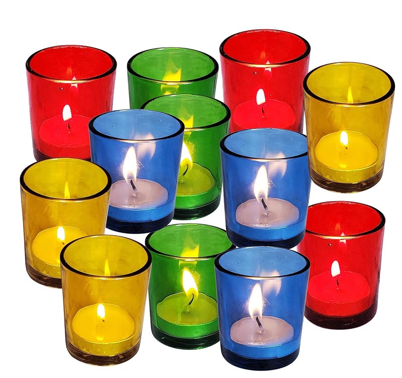 Pure Source India Multicolor Glass Votive Tealight Candle Holders - Living Room Side Table Home Decoration (Glass, Pack of 12 - Image 1