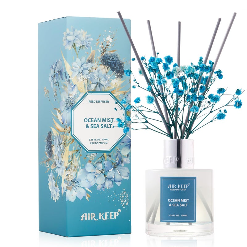 Airkeep Reed Diffuser Set,3.38 fl oz (100 ml) - Ocean Mist&Sea Salt Oil Diffusers with 8 Reed Sticks,Home Fragrance Reed Diffuser for Bathroom Shelf Decor - Image 1