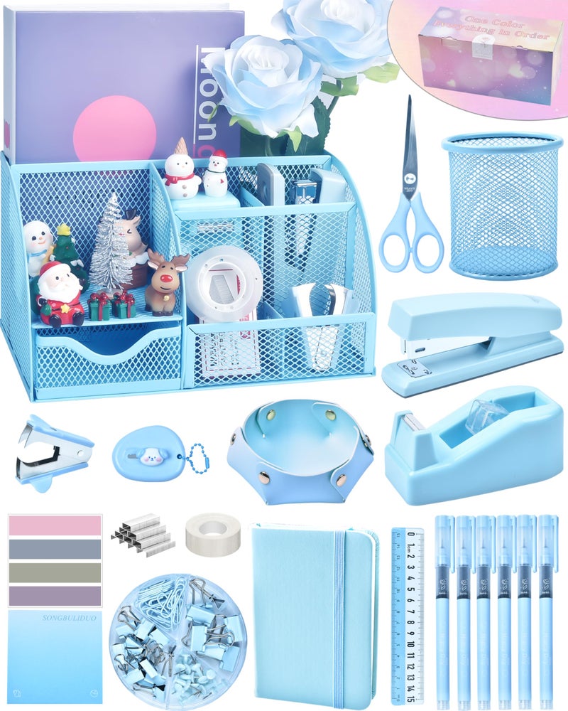 LXEVIHK Blue Desk Accessory, Office Supplies, Desk Organizer with Tape Dispenser, Stapler, Staple Remover and More, Elevate Your Workspace with Sky Blue Tranquility - Image 1