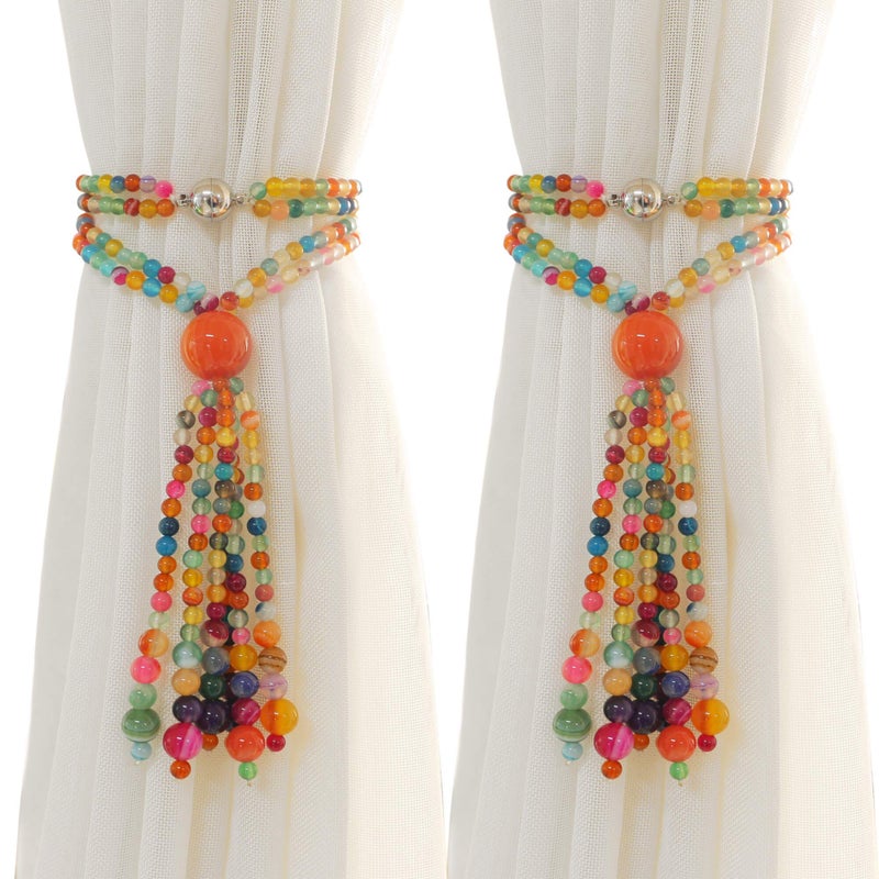 Magnetic Curtain Tiebacks 2 Pack Colorful Agate Tassel Curtain Drapery Holdbacks Boho Curtain Ties For Home Office Decorative