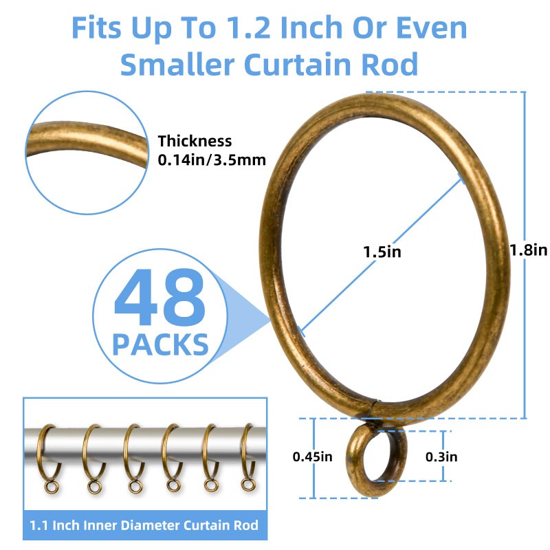 Manysky Curtain Rings with Eyelets, 48 Pack Metal Drapery Rings for Pinch Pleat Curtains Panels, Drape Rings Fits Up to 1.2 in Curtains Rod, 1.5 Inch I D Antique Bronze - Image 2
