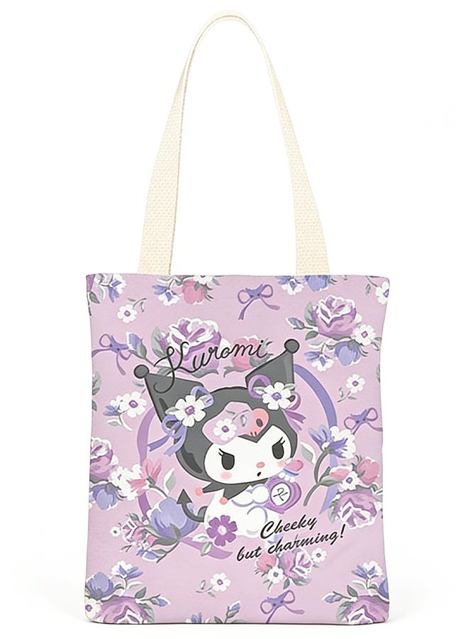 Sanrio Cartoon Sanrio Kuromi Pattern Canvas Tote Bag, Student Class Handbag, Reusable & Environmentally Friendly Cotton Bag for Books, Shopping & Groceries - Image 1