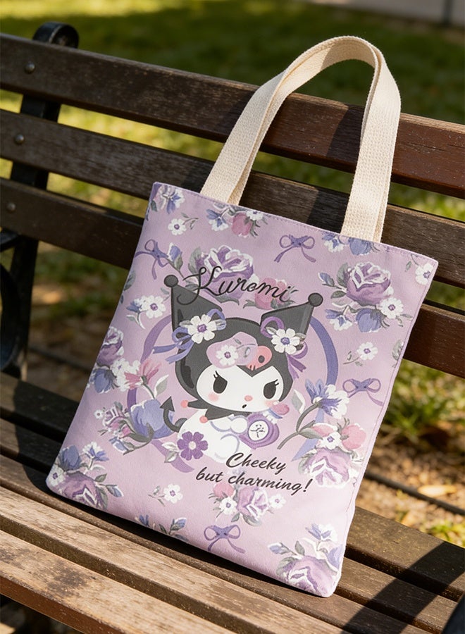Sanrio Cartoon Sanrio Kuromi Pattern Canvas Tote Bag, Student Class Handbag, Reusable & Environmentally Friendly Cotton Bag for Books, Shopping & Groceries - Image 3