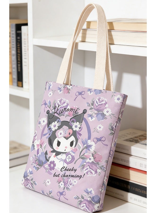 Sanrio Cartoon Sanrio Kuromi Pattern Canvas Tote Bag, Student Class Handbag, Reusable & Environmentally Friendly Cotton Bag for Books, Shopping & Groceries - Image 2
