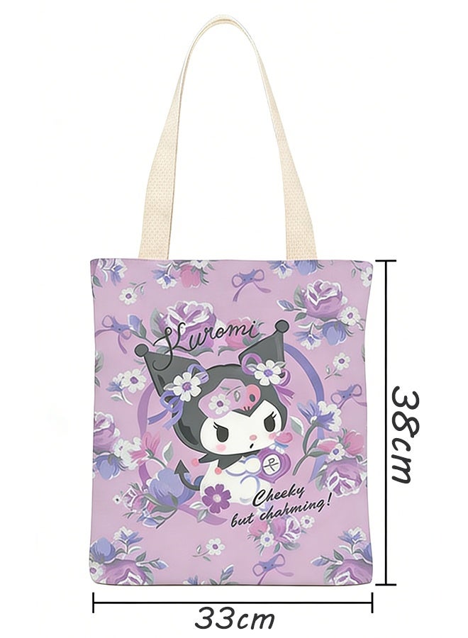 Sanrio Cartoon Sanrio Kuromi Pattern Canvas Tote Bag, Student Class Handbag, Reusable & Environmentally Friendly Cotton Bag for Books, Shopping & Groceries - Image 5