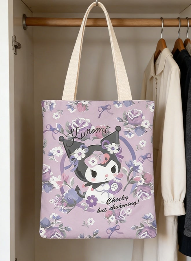 Sanrio Cartoon Sanrio Kuromi Pattern Canvas Tote Bag, Student Class Handbag, Reusable & Environmentally Friendly Cotton Bag for Books, Shopping & Groceries - Image 4
