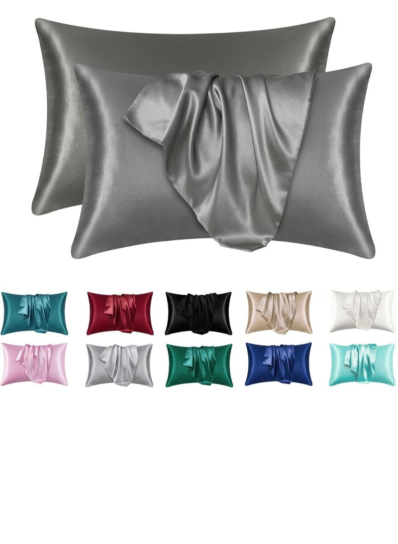 Bukela Satin Silk Pillowcases for Skin and Hair,Set of 2 Satin Pillow Cases for Women with Envelope Closure,Soft Breathable Smooth Cooling Silk Pillow Covers for Gifts，Dark Grey，Standard  - Image 1