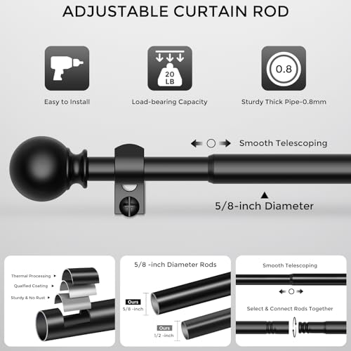 JRZOO 2 Pack Black Curtain Rods 48 to 84 Inches(4-7 Feet),5/8 inch Splicing Drapery Rods,Small Curtain Rods Set,Size: 36''-88'',Matte Black - Image 5