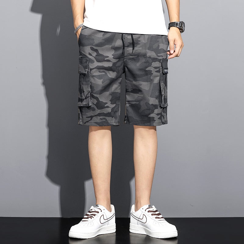 Summer Camouflage 5-point Tooling Shorts Mens Fashionable Loose Five-point Pants Multi-pocket Large Size Pants Beach Pants Black and Grey Pants Single