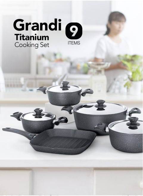 Grandi Pots And Pans Cookware Set With Non-Stick Surfaces, Bakelite Handles,  Stainless Steel Lids, PFOA Free, Titanium 9-Piece Set - grey