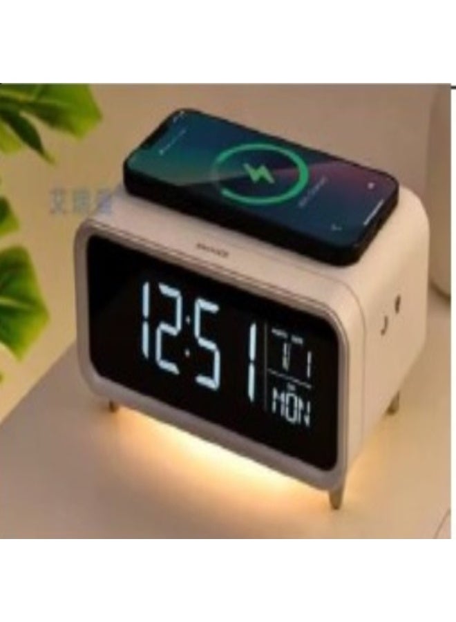 eBasket 4-in-1 Digital Clock and Alarm with Wireless Charger and Speaker (White)