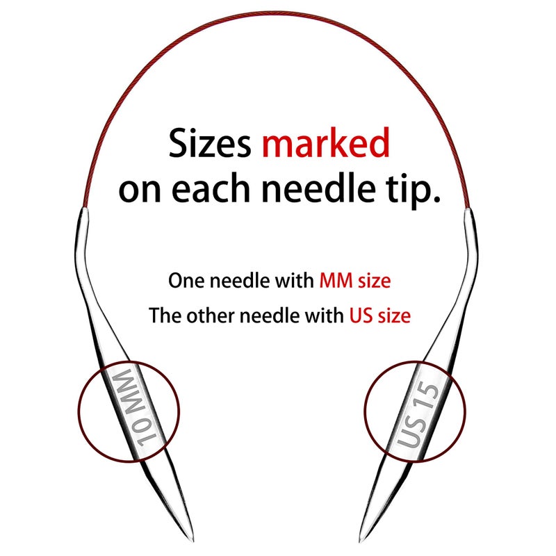 cuteDIY Size 15 Circular Knitting Needles 16 Inch Set Round Metal Kit (Etched US&mm, Color-Coded Cable, Smooth Join) - Image 4