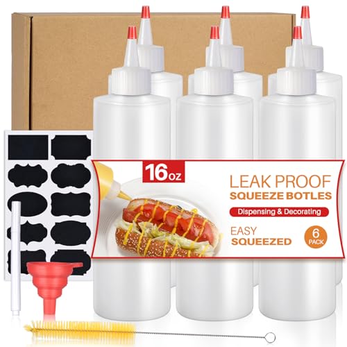 Squeeze Bottles 16oz Plastic Condiment Squeeze Bottles with Labels  Funnels  Brusher for Liquids Sauces Ketchup Oil 6 Pack