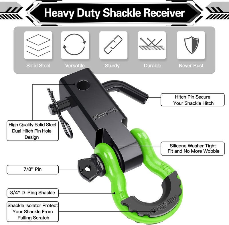 AUTOBOTS Shackle Hitch Receiver 2", 45,000 Lbs Break Strength Heavy Duty Receiver with 5/8" Screw Pin, 3/4" D Ring Shackles, Towing Accessories for Vehicle Recovery Off-Road, Green&Black - Image 2