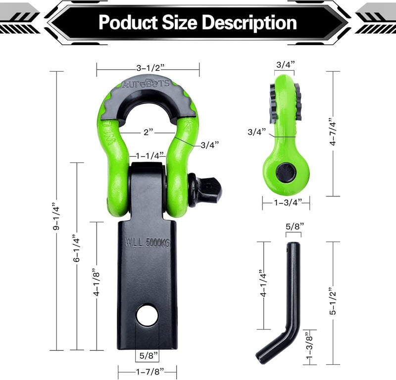AUTOBOTS Shackle Hitch Receiver 2", 45,000 Lbs Break Strength Heavy Duty Receiver with 5/8" Screw Pin, 3/4" D Ring Shackles, Towing Accessories for Vehicle Recovery Off-Road, Green&Black - Image 3