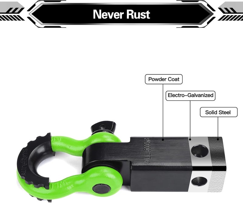 AUTOBOTS Shackle Hitch Receiver 2", 45,000 Lbs Break Strength Heavy Duty Receiver with 5/8" Screw Pin, 3/4" D Ring Shackles, Towing Accessories for Vehicle Recovery Off-Road, Green&Black - Image 4