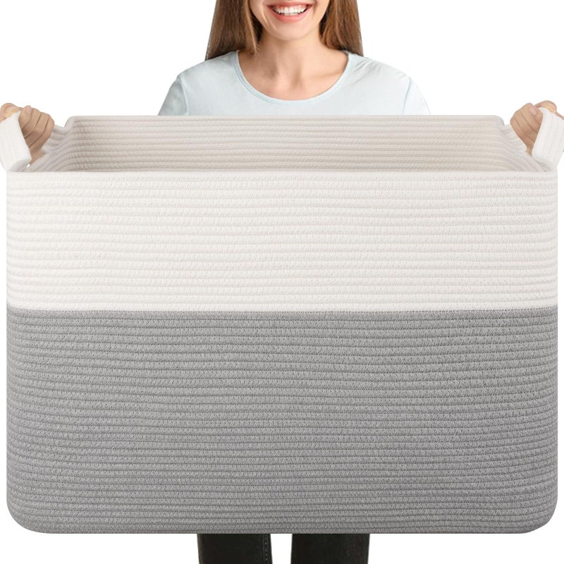 OIASKET XXXL Supre Large Blanket Basket for Clothes Towels Pillows 108L Cotton Rope Storage Basket for Living Room Woven Toy Storage for Kids 25 x 16 x 16 Grey and White