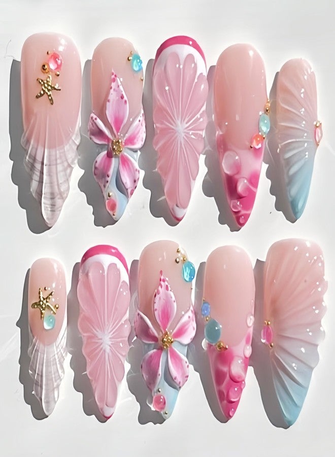 30Pcs 3D Hawaii Hibiscus Flower Press On Nails Medium Almond Fake Nails With Gold Starfish Rhinestones Summer Flower Full Cover Artificial False Nails French Tip Acrylic Nails For Women Manicure