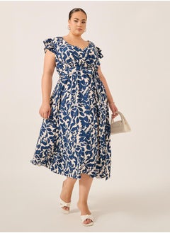 Styli Plus Size Printed Frill Sleeve Midi Dress  - Image 1