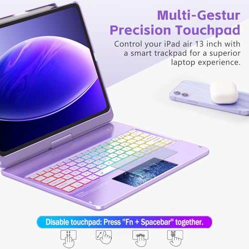 FUWANG for iPad Air 13 inch Case Keyboard M4/M3/M2 (2026/2025/2024) & iPad Pro 12.9 inch (6th/5th/4th/3rd Gen), 360° Rotatable, Multi-Touch Trackpad, 7-Color Backlit, Built-in Pencil Holder, Purple - Image 4