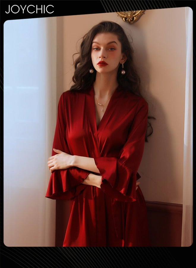 Joychic فستان نوم ساتان نسائي رومانسي فرنسي بتصميم دقيق مع كشكش وأكمام بيجاما نسائية تنفسية كاردigan ساحر بلون النبيذ الأحمر - Image 1