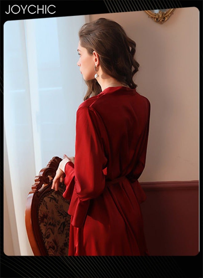 Joychic فستان نوم ساتان نسائي رومانسي فرنسي بتصميم دقيق مع كشكش وأكمام بيجاما نسائية تنفسية كاردigan ساحر بلون النبيذ الأحمر - Image 4