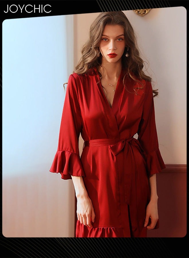 Joychic فستان نوم ساتان نسائي رومانسي فرنسي بتصميم دقيق مع كشكش وأكمام بيجاما نسائية تنفسية كاردigan ساحر بلون النبيذ الأحمر - Image 2