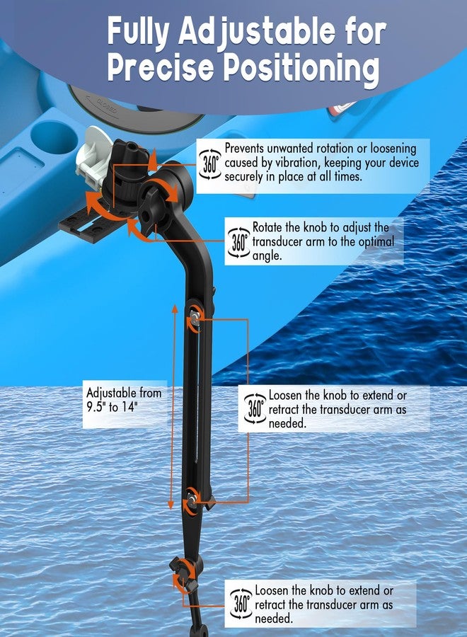 EDSRDPLT Universal Kayak Transducer Mount Arm Adjustable 9–14”, Tool-Free Installation Saltwater-Resistant, Compatible with Garmin Lowrance Humminbird Fish Finder - Image 2