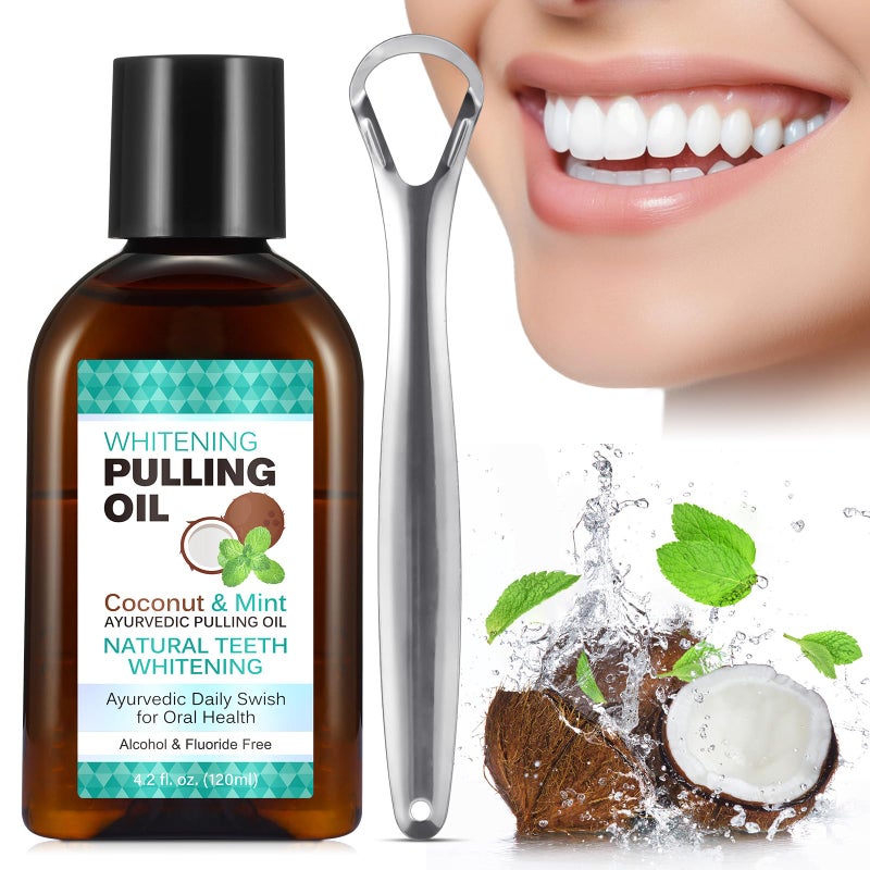 sefudun Whitening Coconut Pulling Oil (4.2 Fl.Oz),with Tongue Scraper+Measuring Cup, Coconut Mint Pulling Oil for Teeth, Pulling Oil for Teeth Whitening and Healthier Gum&Teeth-Travel Size, Clear - Image 1