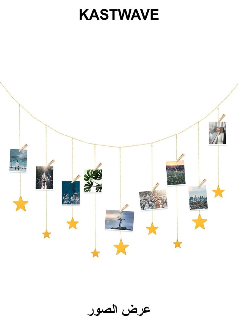 KASTWAVE Hanging Photo Display, Boho Decor Wooden Stars Garland with Metal Chains Picture Frame Collage with 30 Wood Clips for Teen Girl Room, Bedroom, Dorm, Home, Party Decor (200 cm) - Image 1