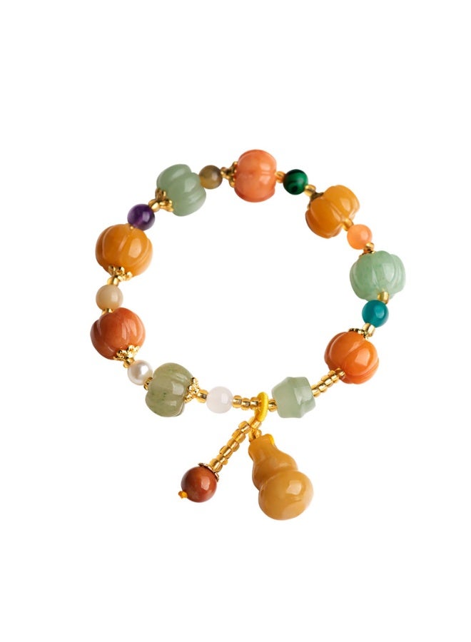 Halloween Pumpkin Gourd Bracelet Bamboo Joint Lily of The Valley Carved Stones Handwoven Stretch Bracelets - Image 1