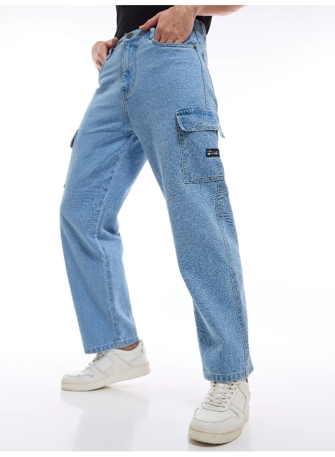Beyoung Light Blue Denim Cargo Pants For Men