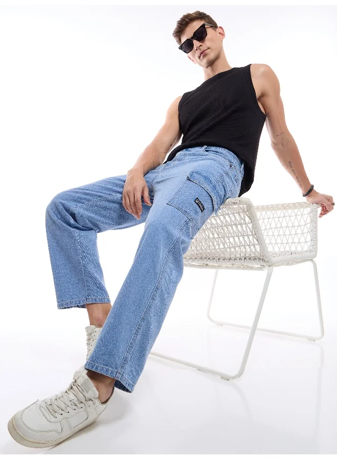 Beyoung Light Blue Denim Cargo Pants For Men