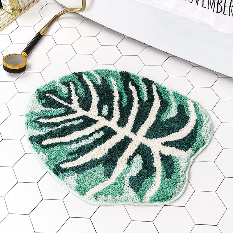 UKELER Cute Monstera Leaf Shape Bathroom Rug for Kids Non Slip Absorbent Bath Mat Washable Shaggy Kids Bedroom Decor - Image 1