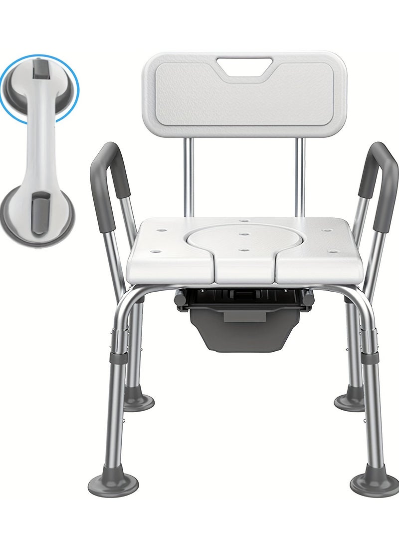 شو وو كرسي استحمام مع مساند للذراعين، كرسي استحمام حوض استحمام، مقعد استحمام قابل للتعديل غير قابل للانزلاق، مرحاض بجانب السرير مع دلو قابل للإزالة لكبار السن، كبار السن، المعاقين، أبيض - Image 2