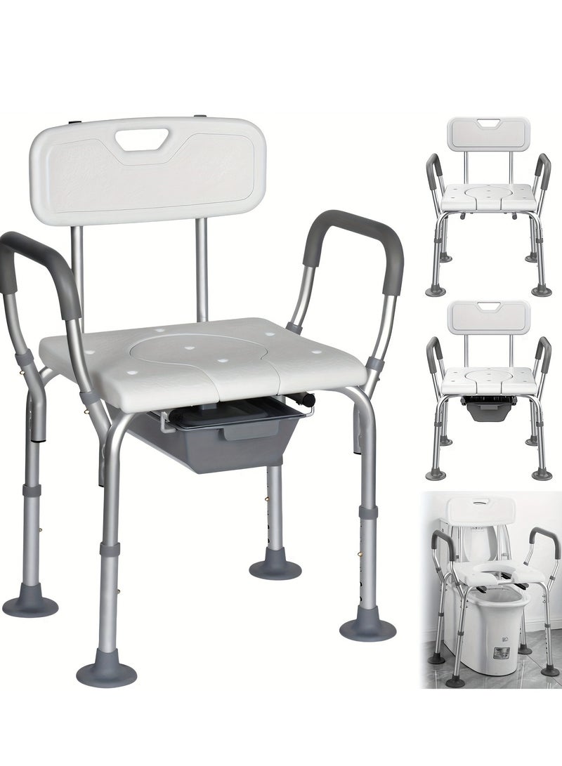 شو وو كرسي استحمام مع مساند للذراعين، كرسي استحمام حوض استحمام، مقعد استحمام قابل للتعديل غير قابل للانزلاق، مرحاض بجانب السرير مع دلو قابل للإزالة لكبار السن، كبار السن، المعاقين، أبيض - Image 4