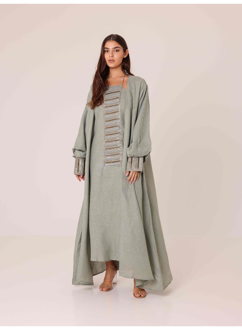 اكسا طقم قطعتين مزين بالترتر بخطوط فاخرة  أخضر - Image 1